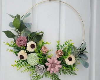 Wood flowers wreath, Modern hoop wreath, Gift for mom, All seasons wreath, Apartment door décor