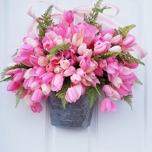 Pink Tulip Wreath, Gift for Mom, Spring Door Hanger