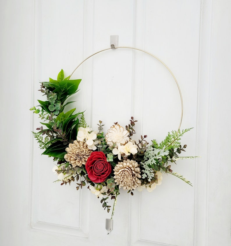 Hoop wreath with wood flowers, All seasons wreath, Gift for mom, 18 inch Apartment wreath image 7
