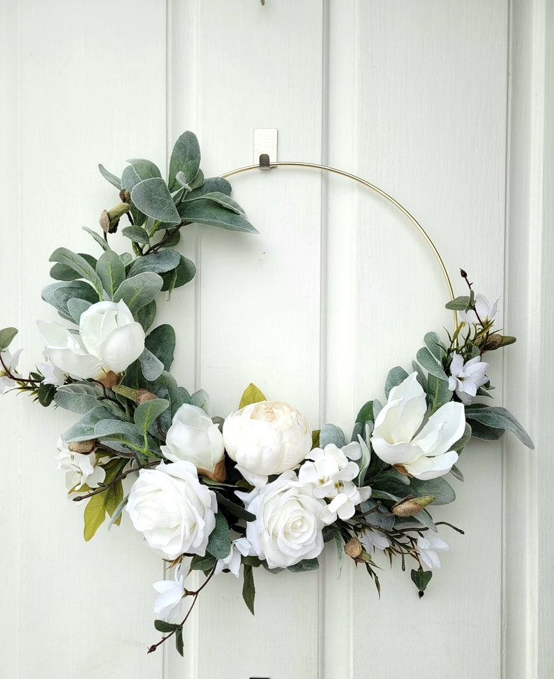 White hoop wreath, Neutral door wreath, Gift for moms, Front door hoop, Apartment wreath image 10