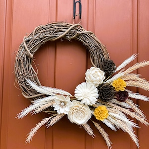 Sola Wood flowers autumn wreath, Neutral fall wreath, Front door decor