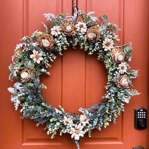All seasons front door wreath, Eucalyptus, and wood flowers hoop wreath, Modern door décor
