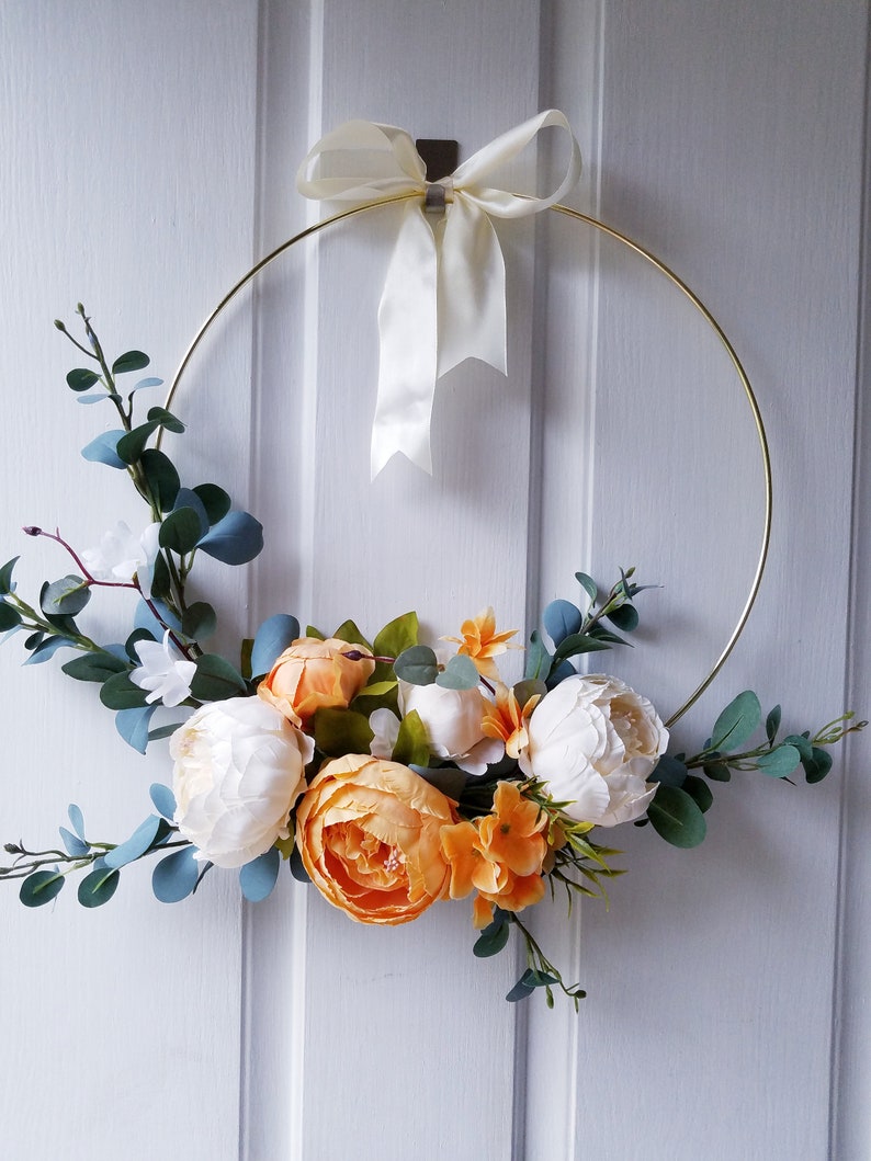 Orange and cream wreath Fall door decor Modern hoop wreath 16 inch Peony wreath