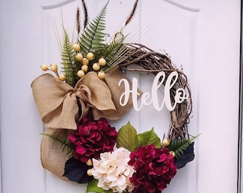Wreath with hello sign, Hydrangea wreath for front door, Burgundy wreath,