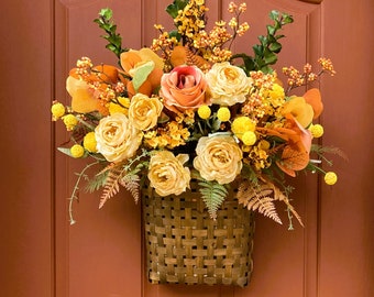 Fall basket for front door, Autumn wreath, Orange and yellow door decor