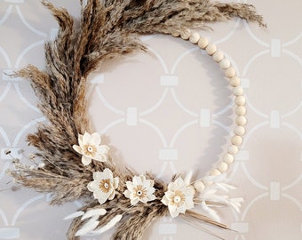 Boho wreath, Dried pampas grass and wood flowers wreath, Boho wall décor, Cozy room décor