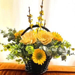 Wood Flowers Centerpiece, Spring Home Decor, Yellow Floral Basket, Gift ...