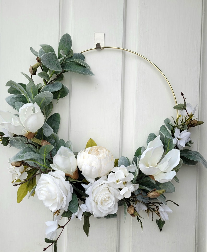 White hoop wreath, Neutral door wreath, Gift for moms, Front door hoop, Apartment wreath image 9