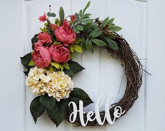 Wreath for Front Door , Hello Wreath , Fall Door Decor, Floral Wreath, Summer Wreath