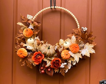 Modern hoop wreath, Beaded fall wreath with pumpkins, Gift for moms