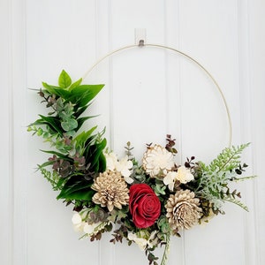 Hoop wreath with wood flowers, All seasons wreath, Gift for mom, 18 inch Apartment wreath image 8