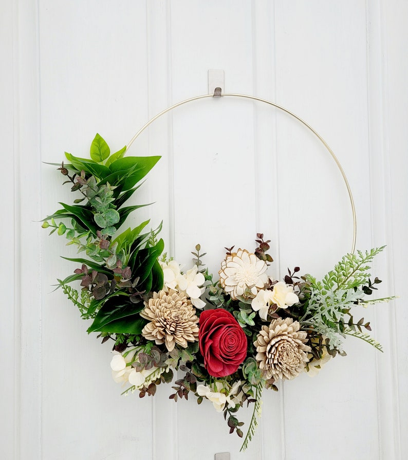Hoop wreath with wood flowers, All seasons wreath, Gift for mom, 18 inch Apartment wreath image 8