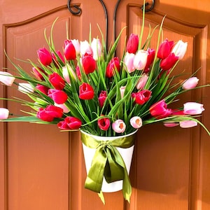 Spring tulips bucket, Hot pink décor, Front door décor, Gift for mom, Wall floral arrangement