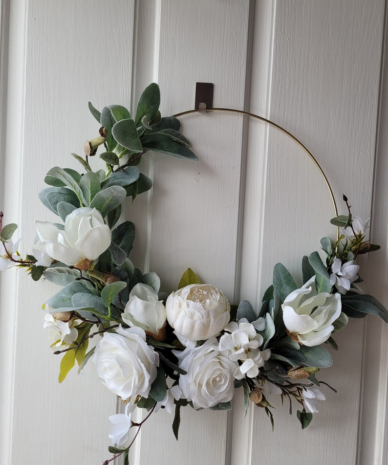 White hoop wreath, Neutral door wreath, Gift for moms, Front door hoop, Apartment wreath image 6