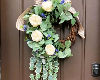 All seasons front door wreath, Neutral door decoration, Handmade home decor, Gift for mom