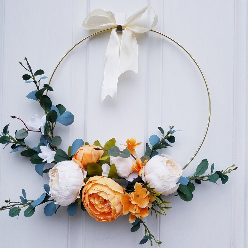Orange and cream wreath Fall door decor Modern hoop wreath 16 inch Peony wreath