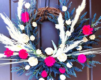 Spring wreath with sola wood flowers, Summer door decor, Gift for mom