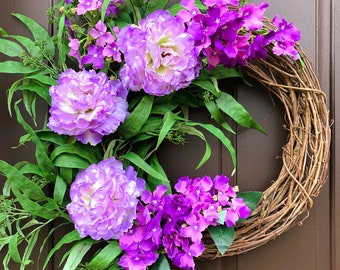 Purple peony summer door wreath, Spring home decor, Gift for moms