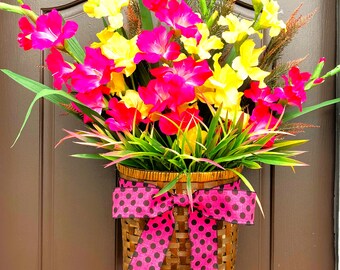 Large, lightweight Gladiolus door basket, Front door wreath, Pink and yellow door decor