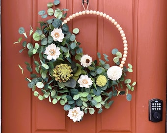 Wood flowers hoop wreath, Modern door décor, Gift for mom, Apartment wreath,