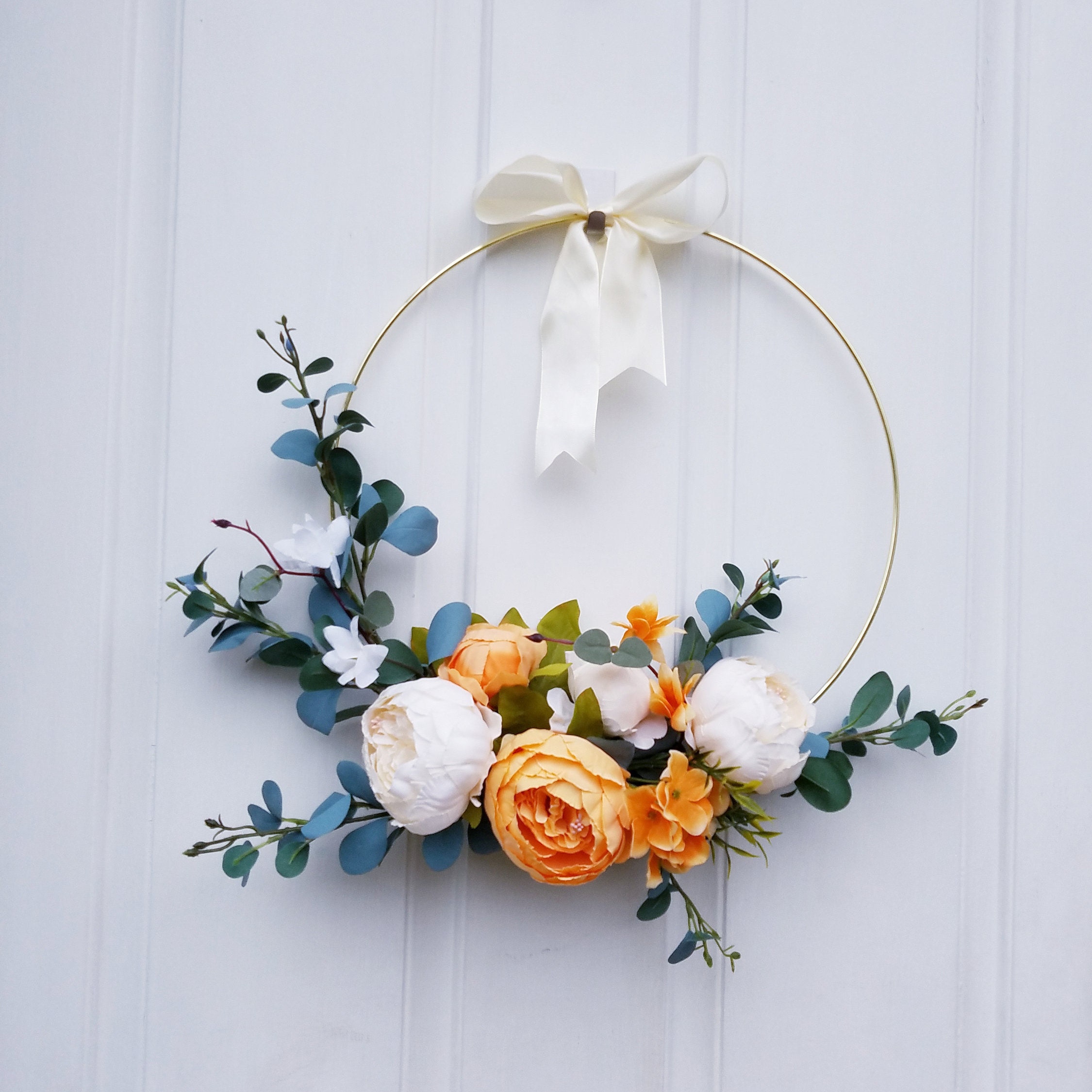 Orange and cream wreath Fall door decor Modern hoop wreath 16 inch Peony wreath