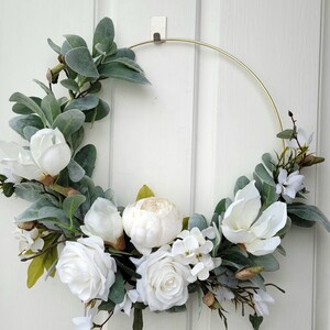 White hoop wreath, Neutral door wreath, Gift for moms, Front door hoop, Apartment wreath image 8