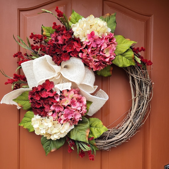 Fall Hydrangea Wreath: Farmhouse Autumn Door Decor with Burlap Bow
