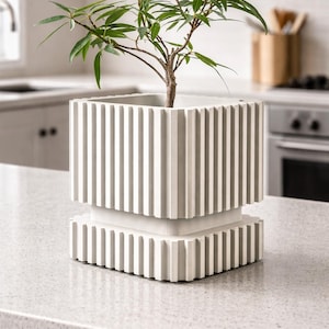 May include: A white, fluted plant pot with a small tree. The pot is square and has a two-tiered design, sitting on a speckled countertop. The plant has green leaves and a brown trunk. The background is a kitchen.