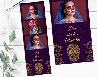 Dia de los Muertos Photo Booth-sjabloon | Paars linnen, gouden schedel (2x6 png-strook)
