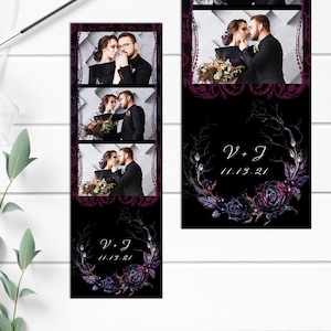 May include: A black and purple photo booth strip with three photos of a couple. The strip has a black background with a floral wreath and the text "V + J 11.13.21".
