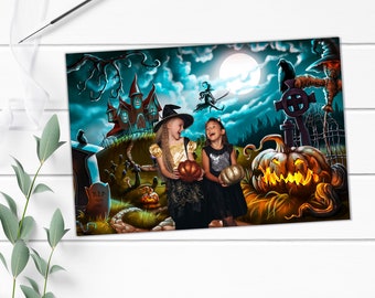 Witch's Village Halloween-groen schermachtergrond (digitale download)