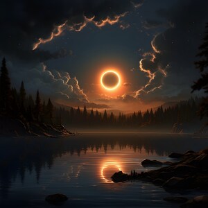 May include: A digital painting depicts a solar eclipse over a lake surrounded by a forest. The sun is a bright orange ring in a dark sky, reflected in the water. Dark clouds frame the scene, creating a dramatic landscape.