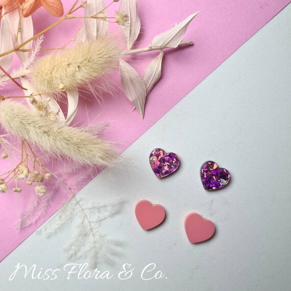 Pink Glitter and Raspberry Sherbet Love Heart Studs | Acrylic Earrings | Valentine's Day Earrings | Studs