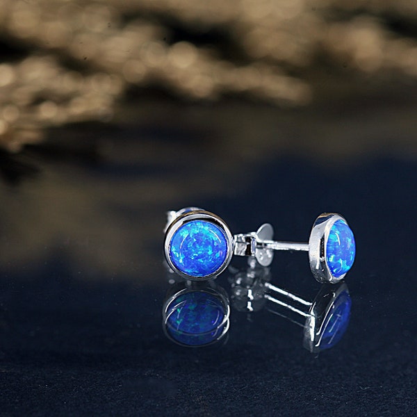 Boucles d'oreilles à tige OPALE bleue en argent 925 | Boucles d'oreilles puces OPALE en argent 925