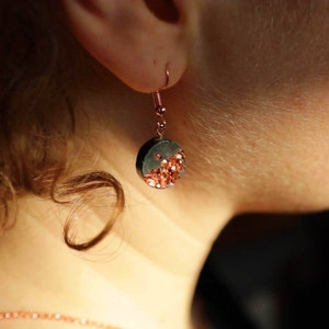 Black and Gray Concrete Earrings | copper and blue slivers | round concrete earrings