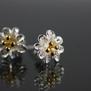 925 cherry blossom silver stud earrings | 925 silver ear studs gold plated