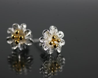 Boucles d'oreilles à tige en argent fleur de cerisier 925 | Clous d'oreilles en argent 925 plaqué or