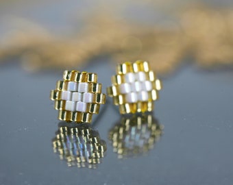 Gold and white Miyuki stud earrings | Diamond stud earrings | golden and white Miyuki beads |