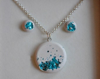 White concrete earrings and necklace | Jewelry set | blue glass splinters | 925 silver and brass | lightweight jewelry set made of fine concrete