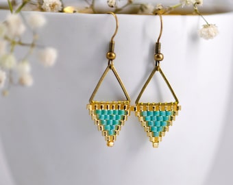 Miyuki pearl earrings | Geometric earrings | white - gold and blue - gold Miyuki pearl earrings