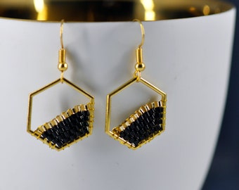 Hexagon Earring| Geometric Miyuki Beaded Earrings | black-gold | white-gold Miyuki pearl earrings