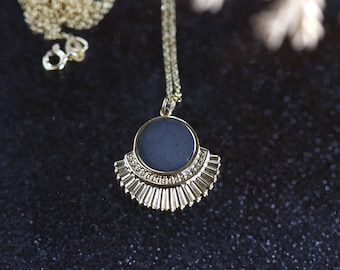 Gray and black concrete chain made of gold stainless steel | round pendant Bohemian style and golden leaf metal