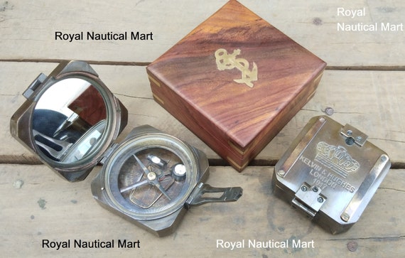 Antique vintage nautical brass kelvin/&hughes brunton compass with leather case