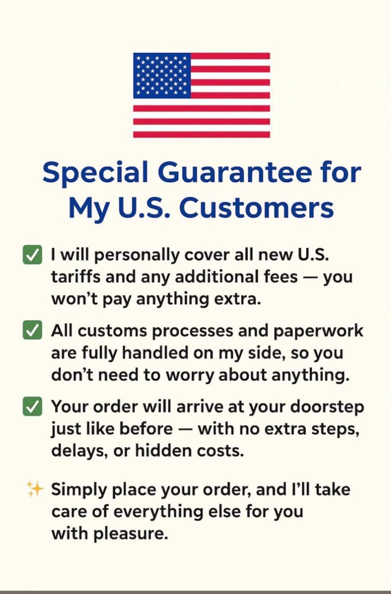 Może przedstawiać: Grafika z flagą Stan&oacute;w Zjednoczonych i tekstem Special Guarantee for My U.S. Customers. Zawiera cztery punkty: osobiście pokryję wszystkie nowe cła i opłaty w USA, procesy celne są obsługiwane, zam&oacute;wienia docierają jak zwykle, a wszystkim zajmuję się z przyjemnością.