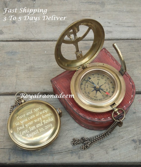 Brass Maritime Vintage Style Pocket Compass Nautical Strap w// Leather Case Decor
