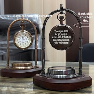 Retirement Gift, Table clock, Personalized Antique Silver Working compass WITH clock, Engraved Clock, Fathers day gifts, Mothers day gifts