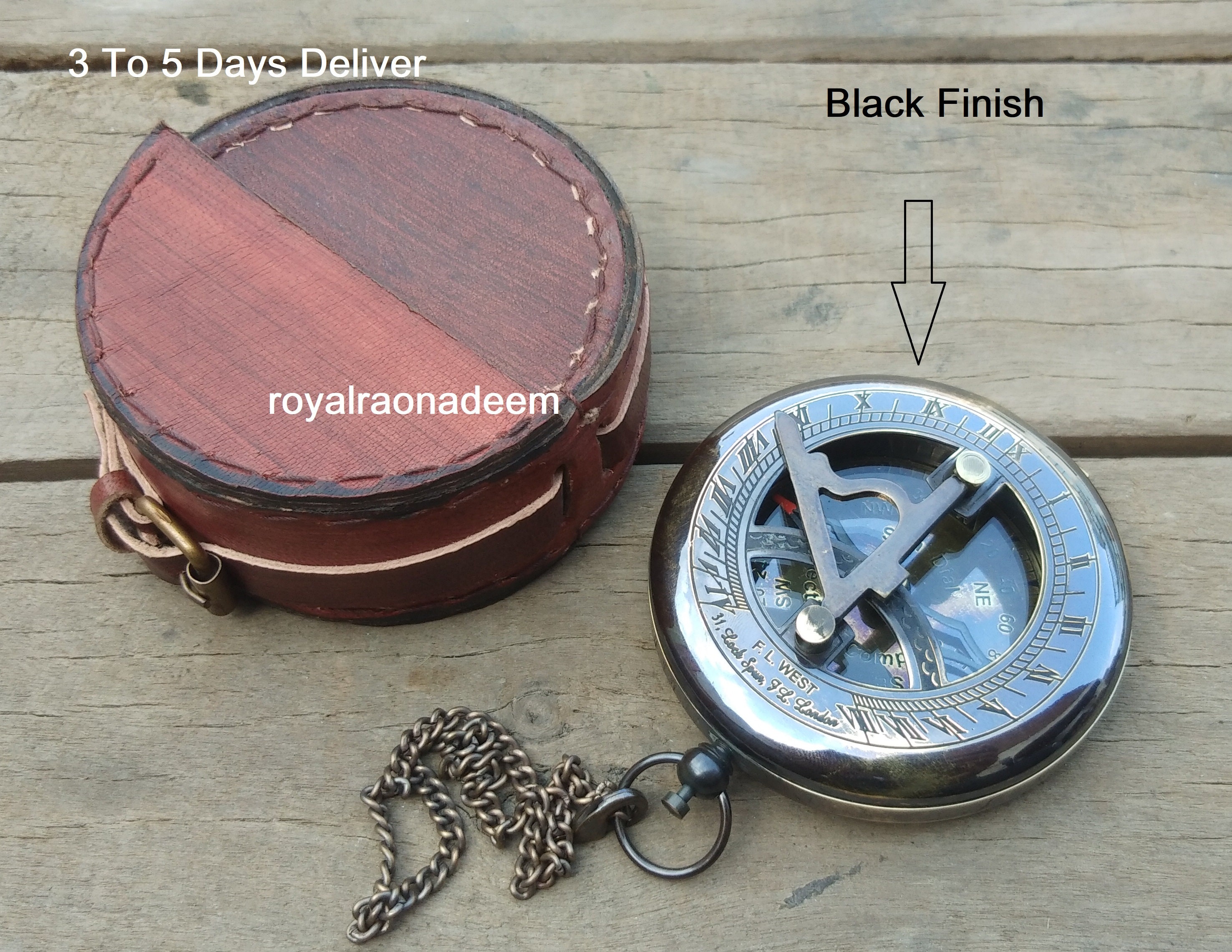 Vintage Brass Sundial Compass with Leather Case