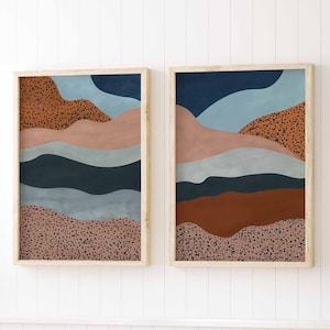 Printable Art Set Of 2 Abstract Landscape Downloadable Print Minimal Blue And Rust Mountain Wall Art Terracotta Decor Minimalist Modern