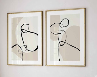 Minimalist Mid century modern Abstract Black and Beige Printable wall art Set of 2, Neutral Line Drawing Modern Shapes, Downloadable prints