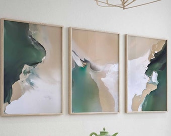 Emerald Green Painting Abstract Art Print Set of 3 Minimalist Art Print Contemporary Wall Art Forest Green Large Wall Art Prints Printable